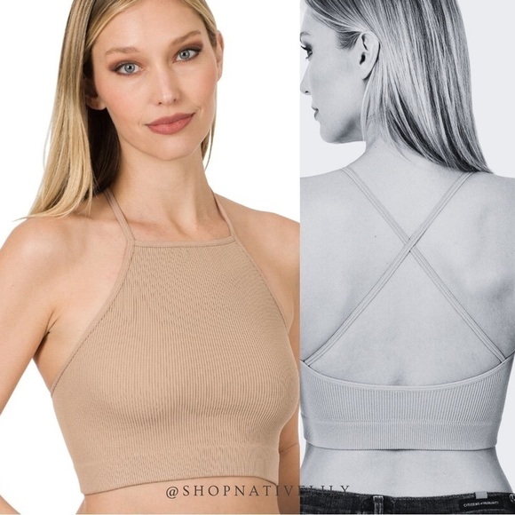 NWT Zenana Women's Ribbed Seamless Cropped Bralette Tank Top Size S/M, Ash Mocha - Picture 1 of 5